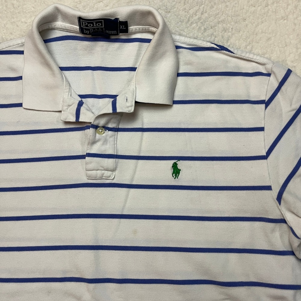 Polo Ralph Lauren Polo Shirt Mens XL White Blue Striped Short Sleeve‎ Pony Logo